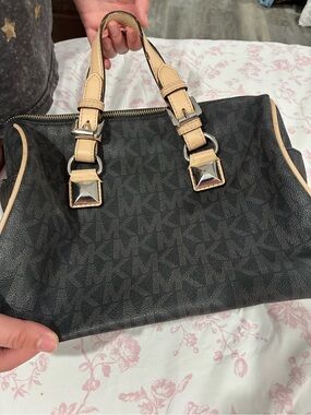 Michael Kors Black Tote with Beige Trim and Silver Hardware